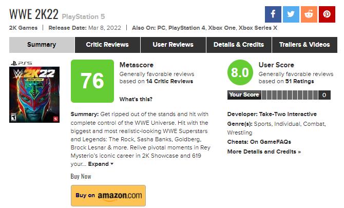 《WWE 2K22》PS5版媒体评分解禁 综合评分76分