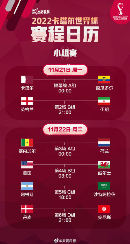 2022卡塔尔世界杯赛程表一览