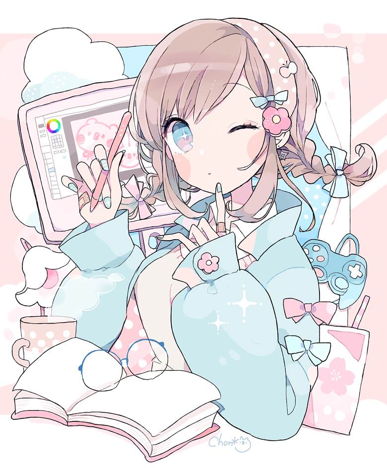扎着麻花辫的pixiv女孩插画图片