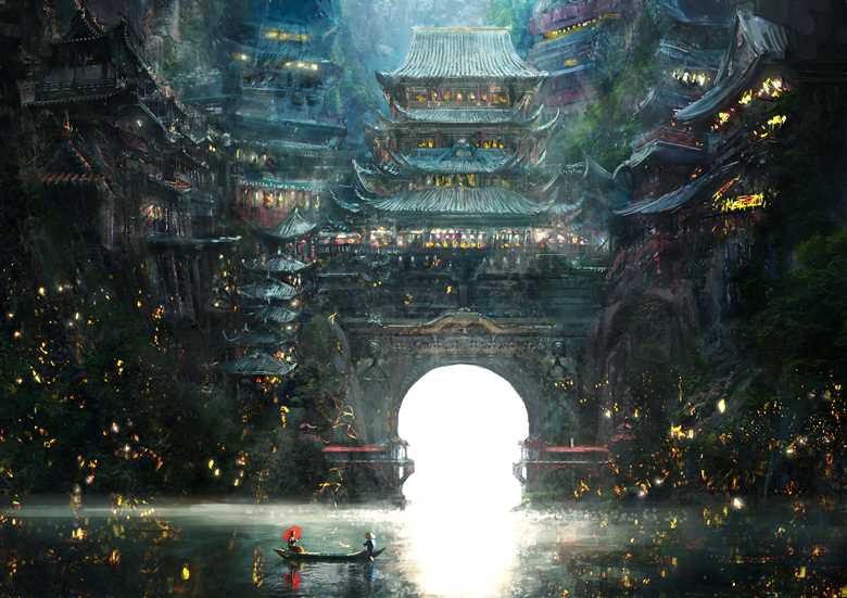 奇幻色彩的和风风景插画图片