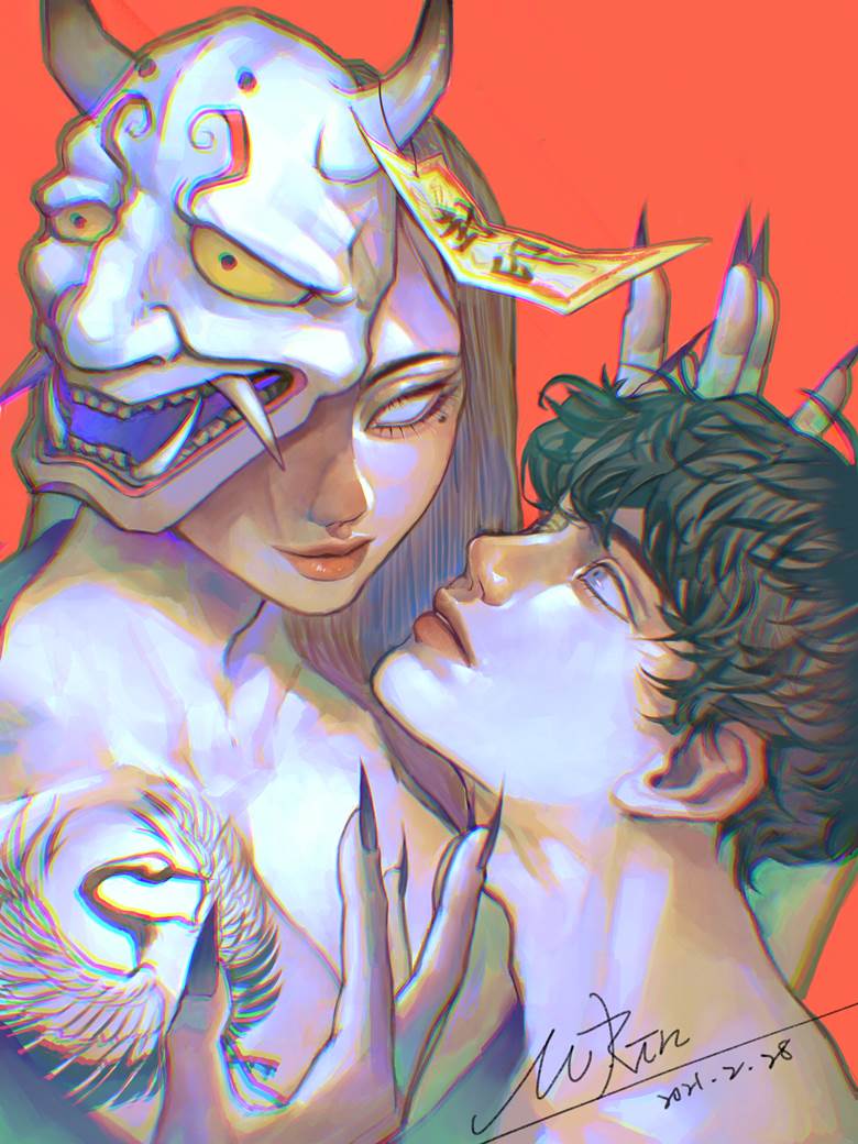 带般若鬼面的人物插画图片