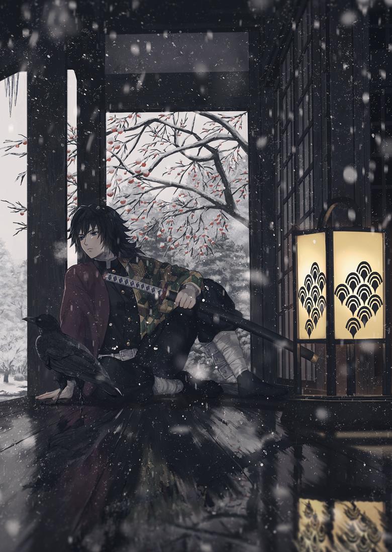 徐徐飘落的雪花风景插画图片