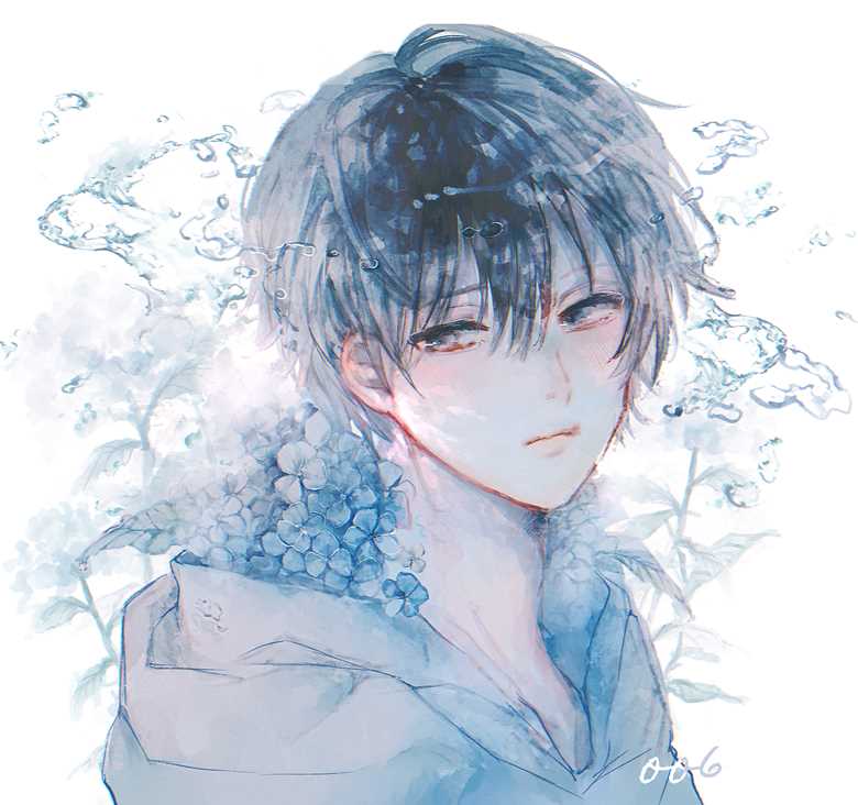 紫阳花丛中的男孩与女孩插画图片