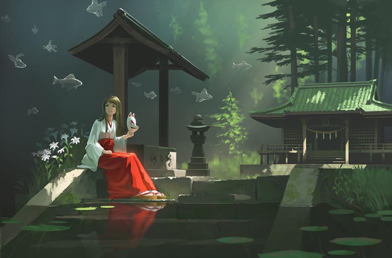 属于神职人员的巫女小姐姐插画图片