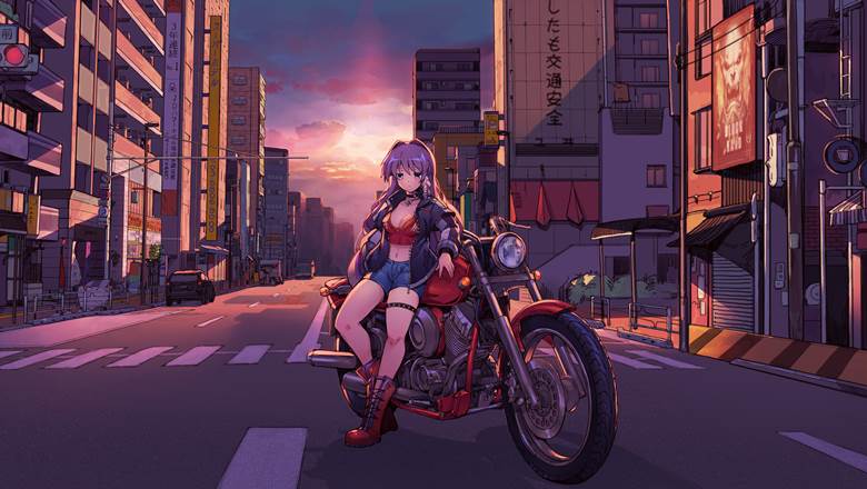 骑摩托车的美少女pixiv插画图片
