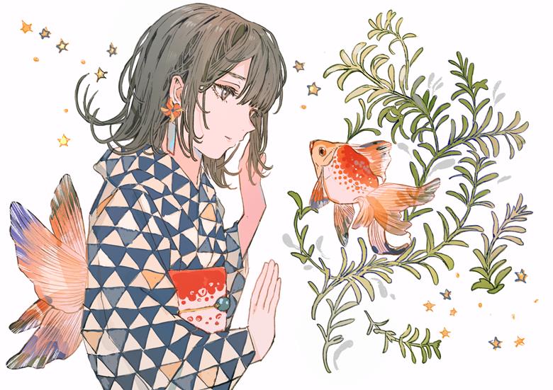 金鱼与女孩的插画图片，谁更好看一点