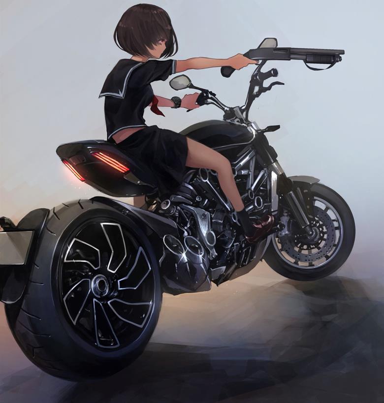 骑重机车的帅气少女插画图片