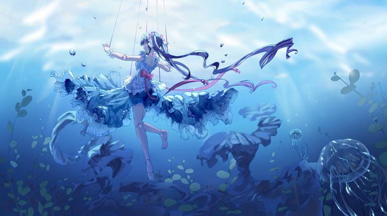 深海中的少女，初音未来插画图片