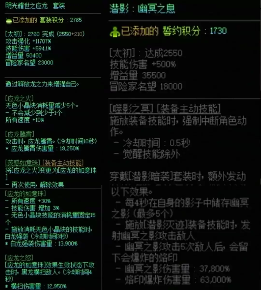 DNF龙战套加潜影暗袭属性搭配一览