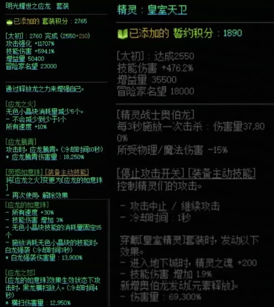 DNF龙战套与精灵搭配属性一览