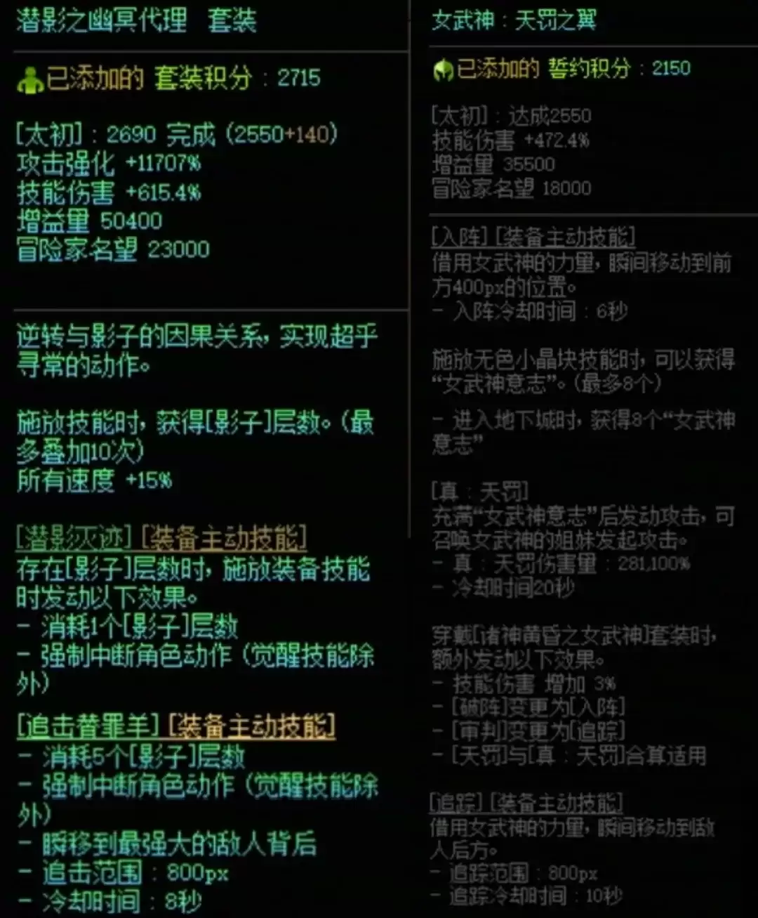DNF潜影暗袭加女武神搭配属性一览