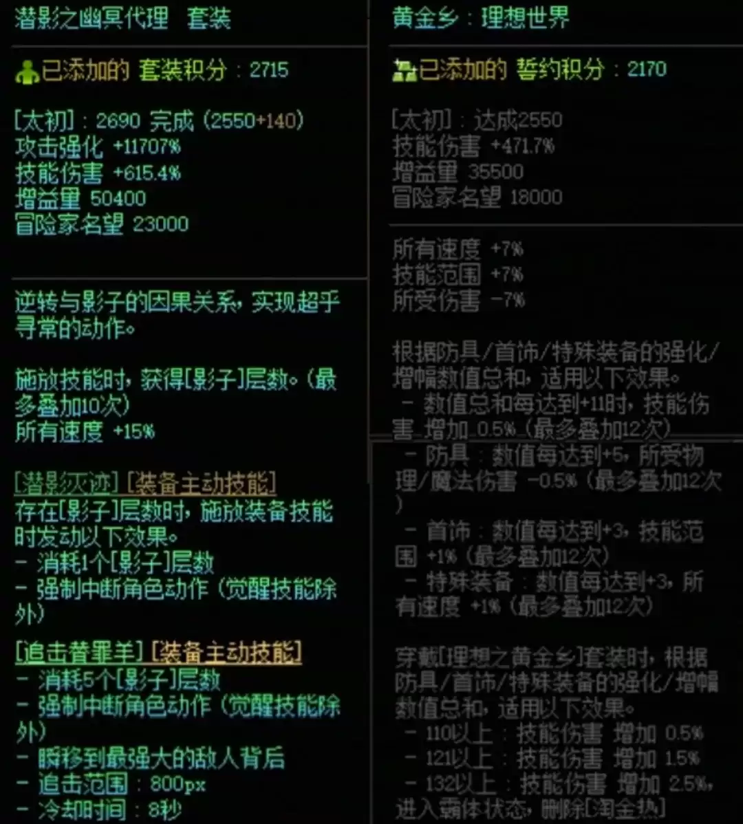 DNF潜影暗袭加黄金乡搭配属性一览