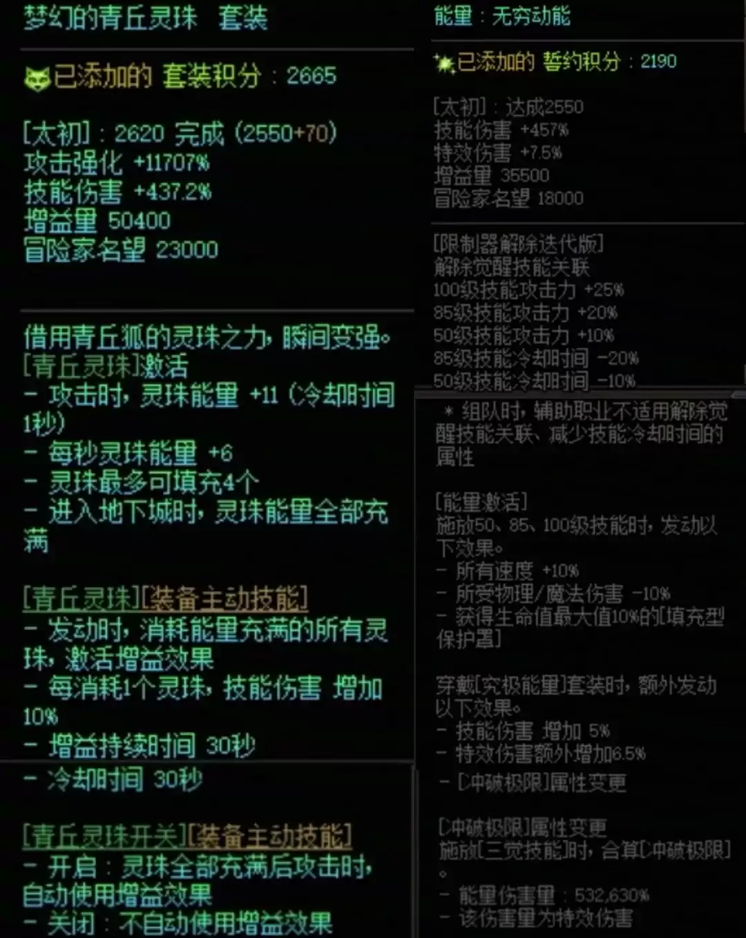 DNF青丘套加究极能量搭配属性总览