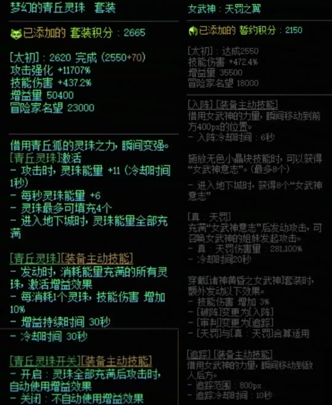 DNF青丘套与女武神搭配属性一览