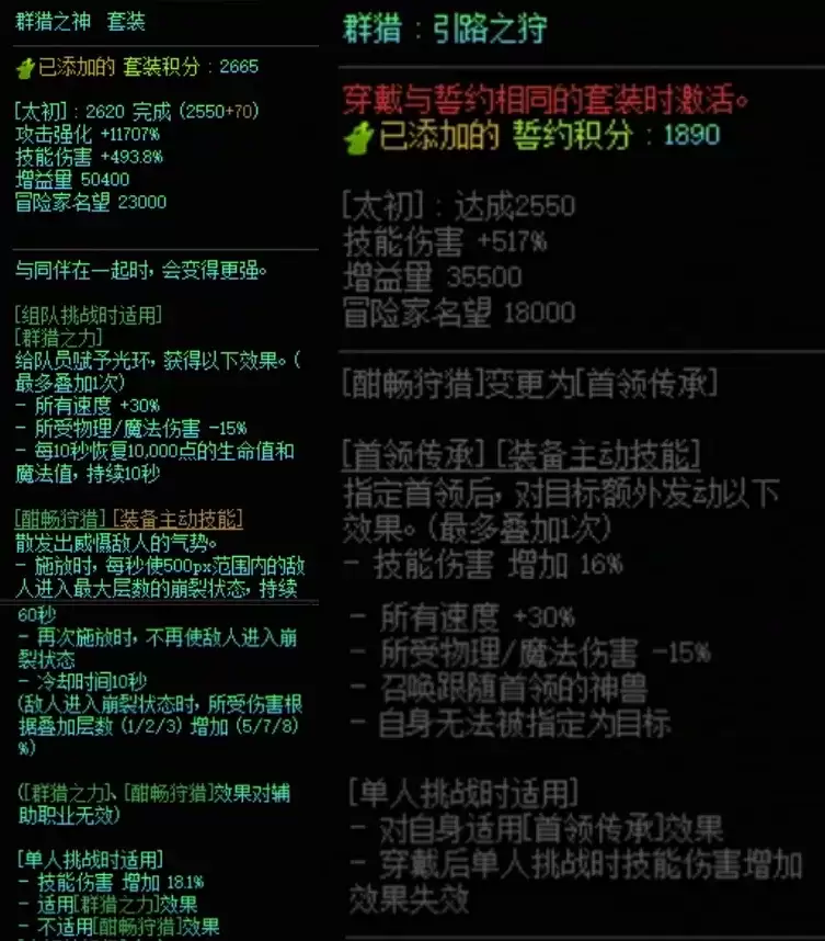 DNF群猎套加群猎誓约右搭配属性一览