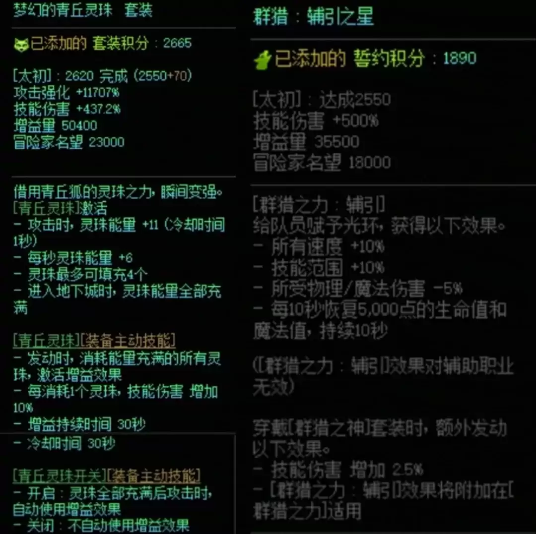 DNF群猎套与青丘灵珠搭配属性一览