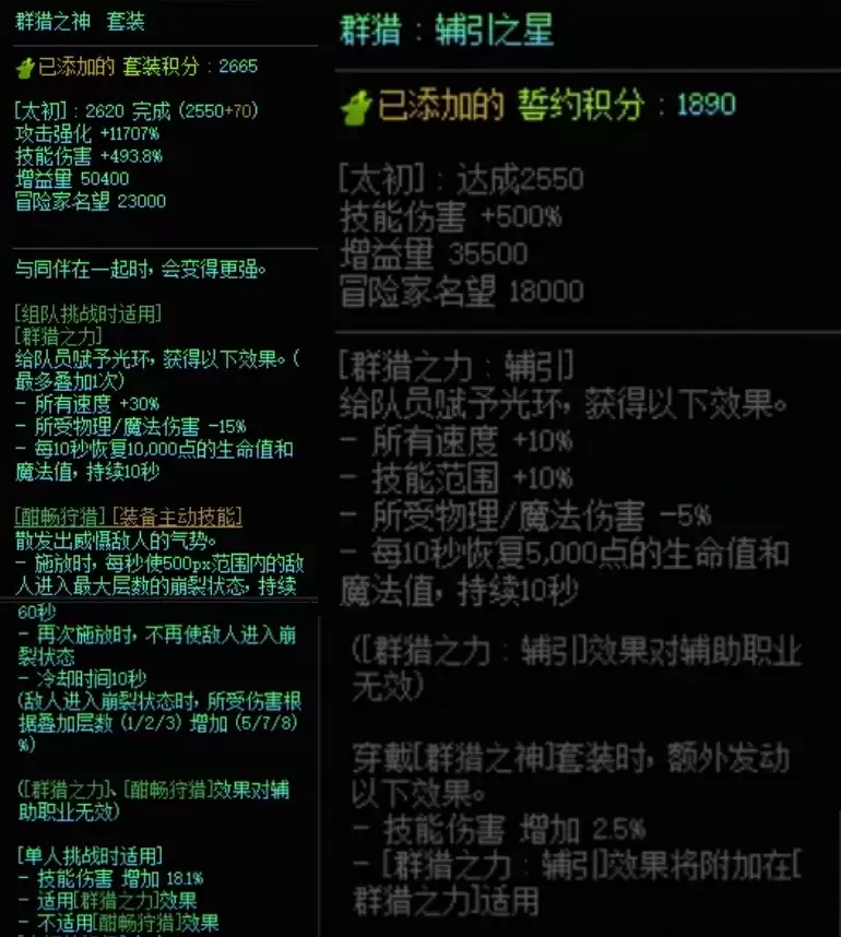DNF群猎套加群猎誓约的搭配属性一览