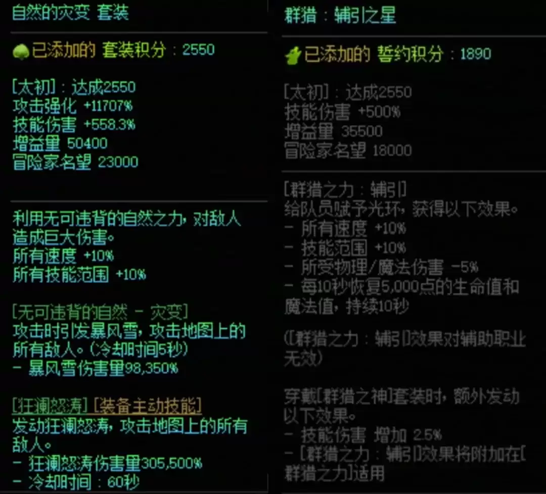 DNF群猎套与造化自然搭配属性一览