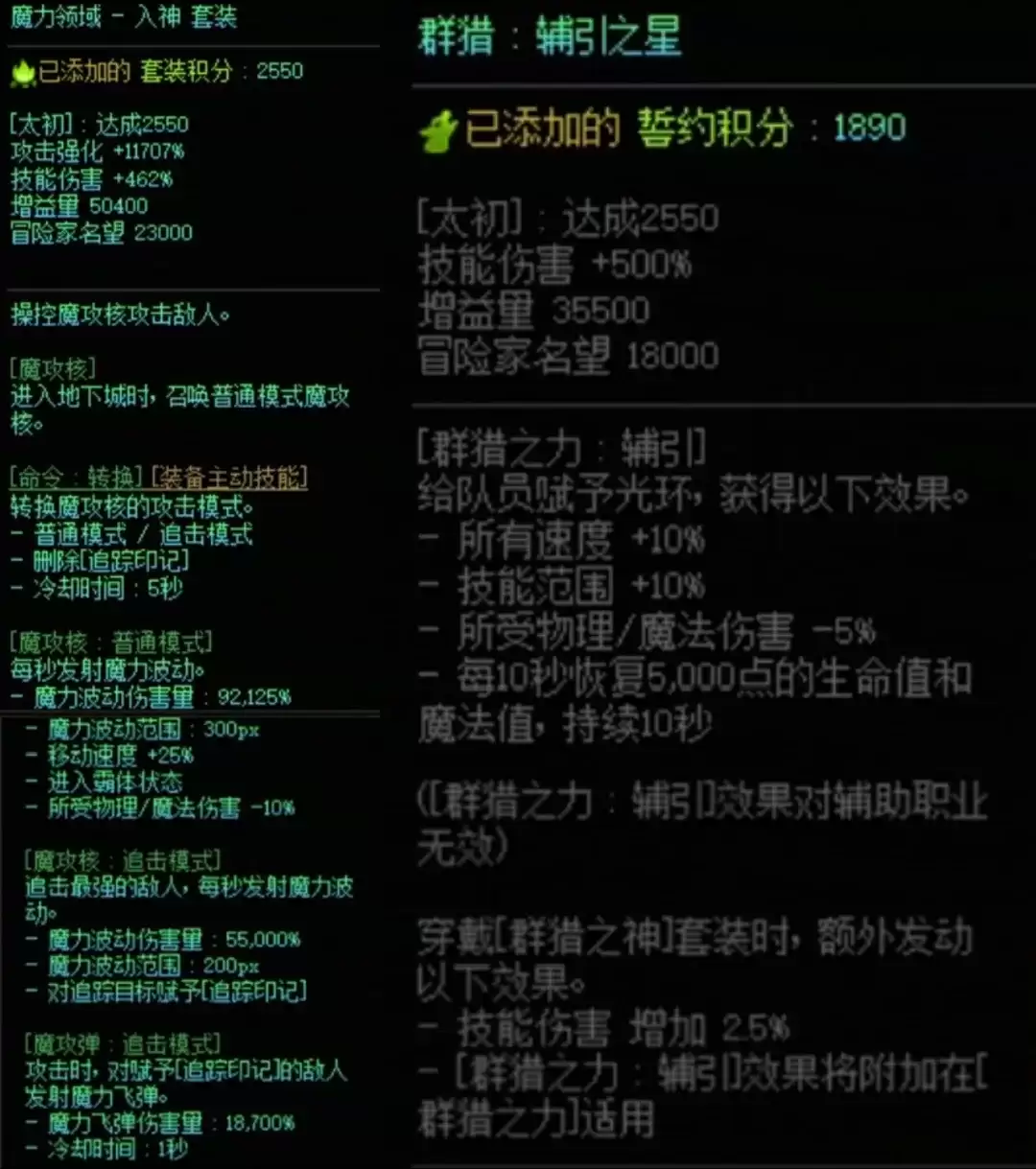DNF群猎套与魔力领域搭配属性一览