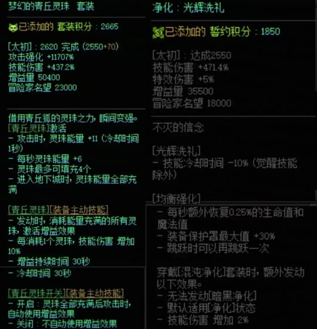 DNF青丘套与混沌净化搭配属性一览