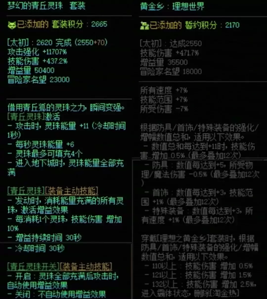 DNF青丘套加黄金乡搭配属性全览
