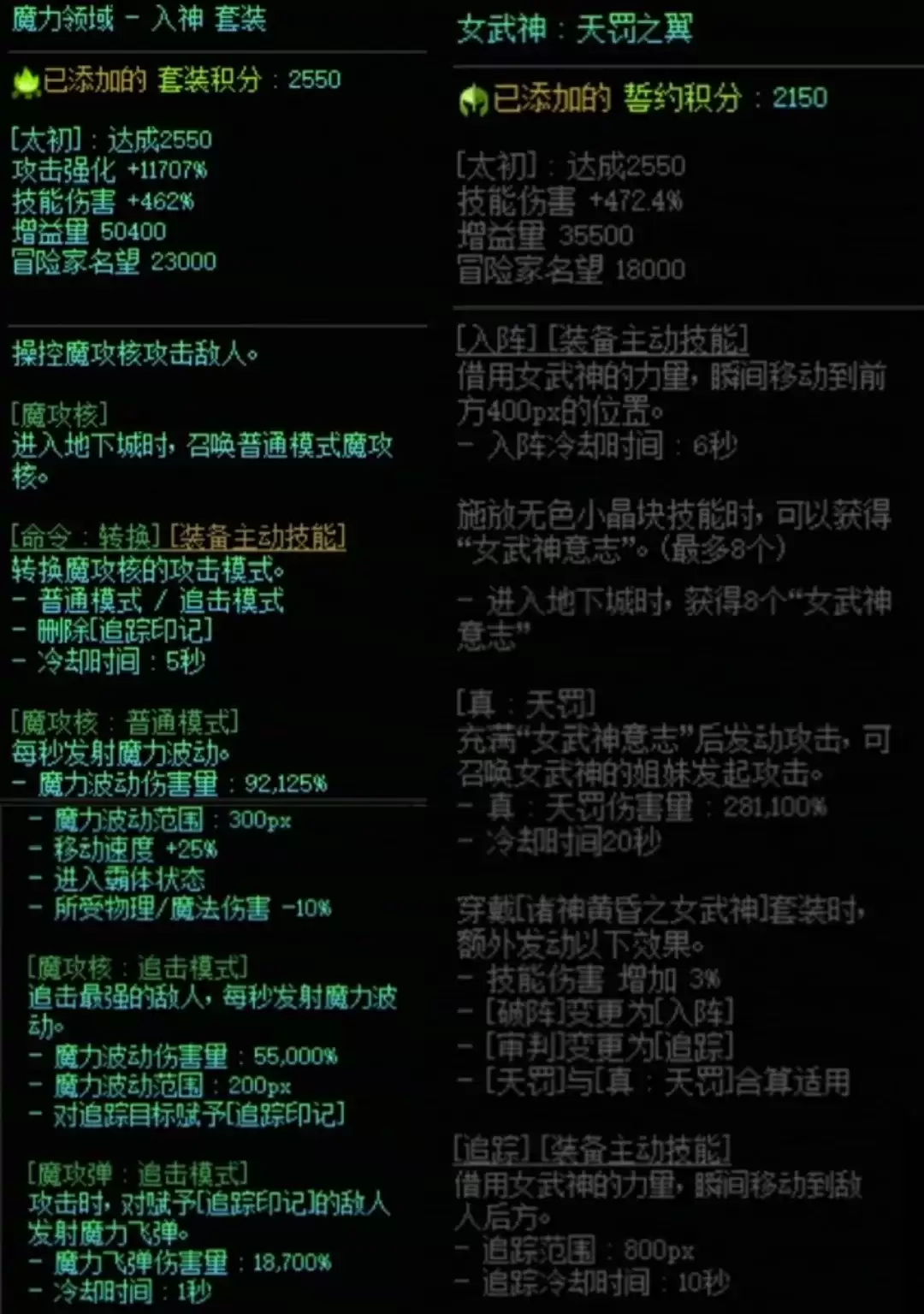 DNF魔力套加女武神属性搭配一览