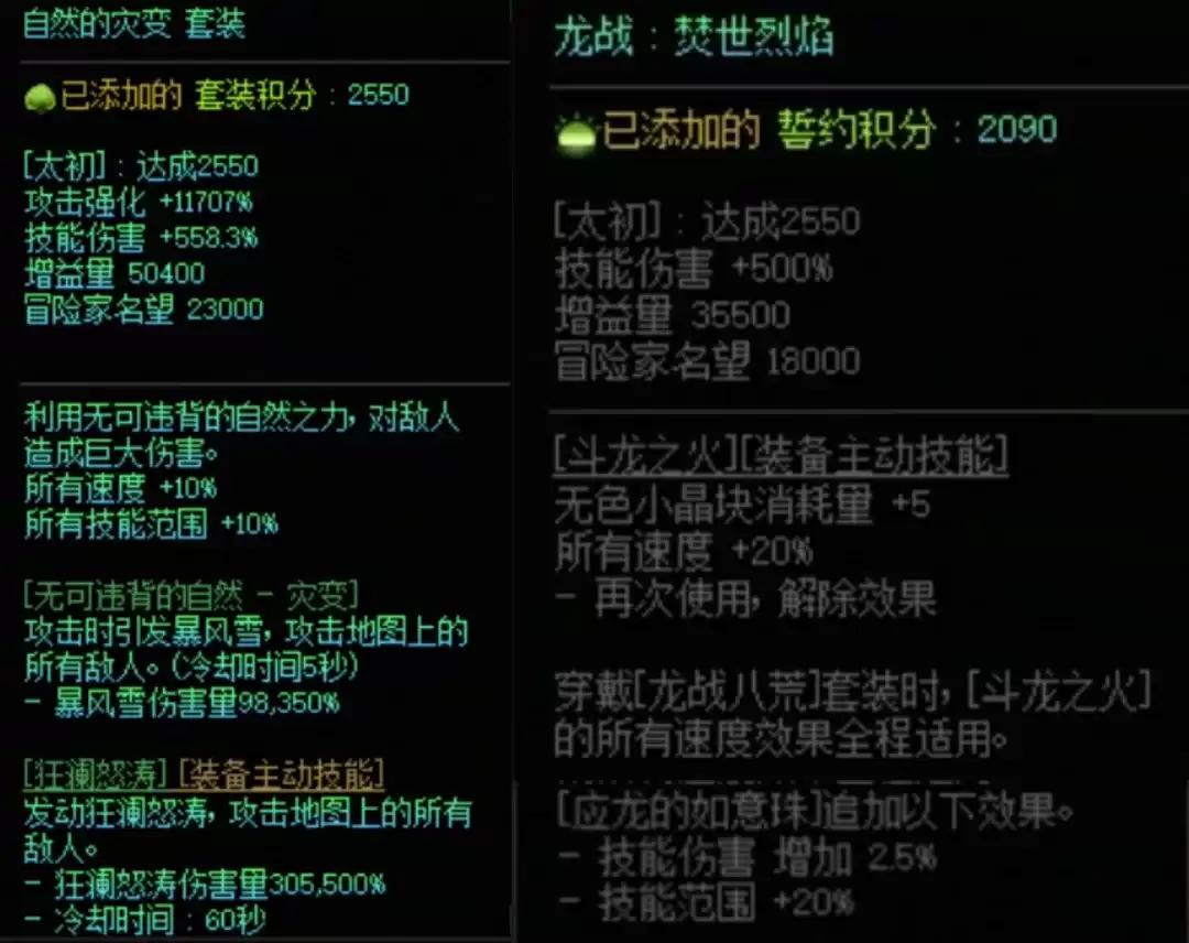 DNF自然套加龙战八荒搭配属性全览
