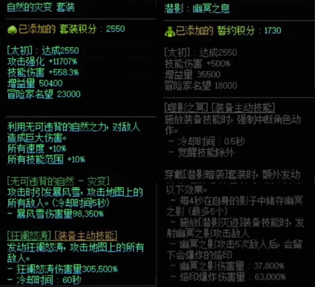 DNF自然套与潜影暗袭搭配属性一览