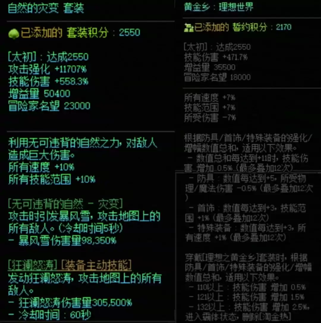 DNF自然套与黄金乡搭配属性一览