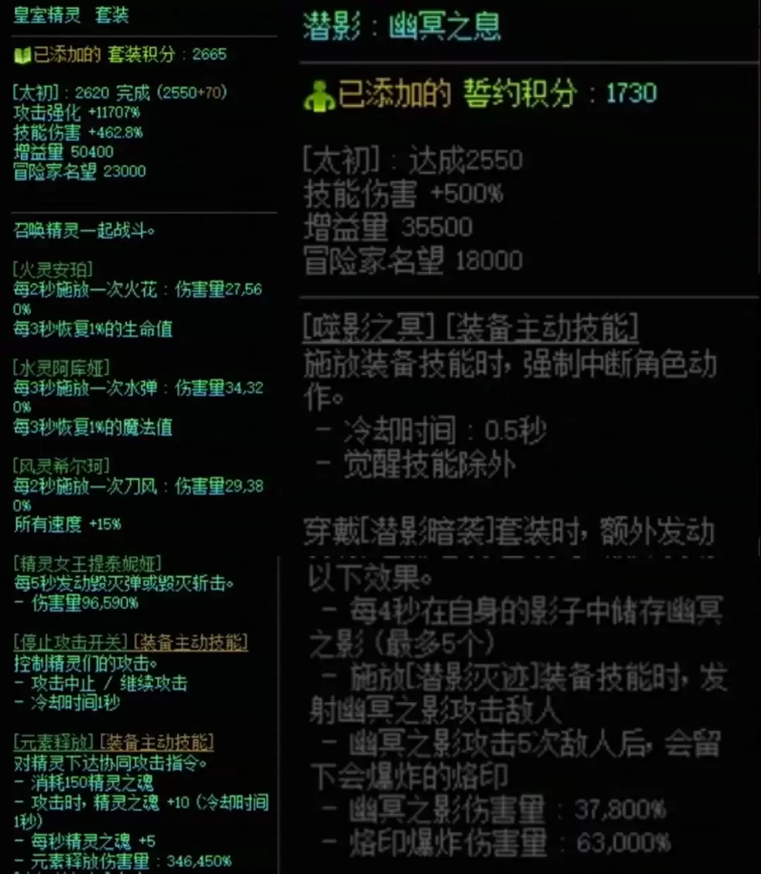 DNF精灵套与潜影搭配属性一览