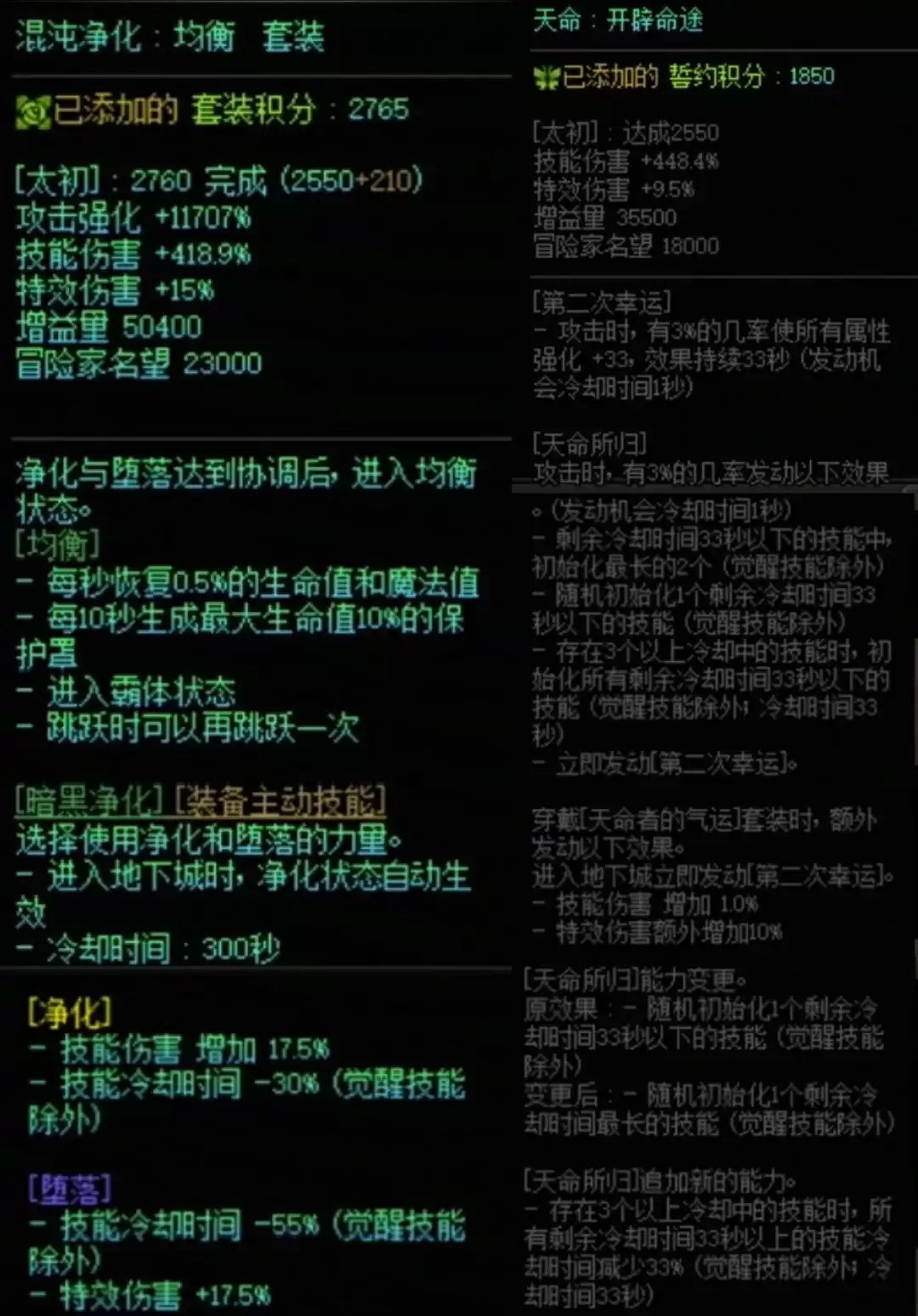 DNF混沌套加天命搭配属性总览