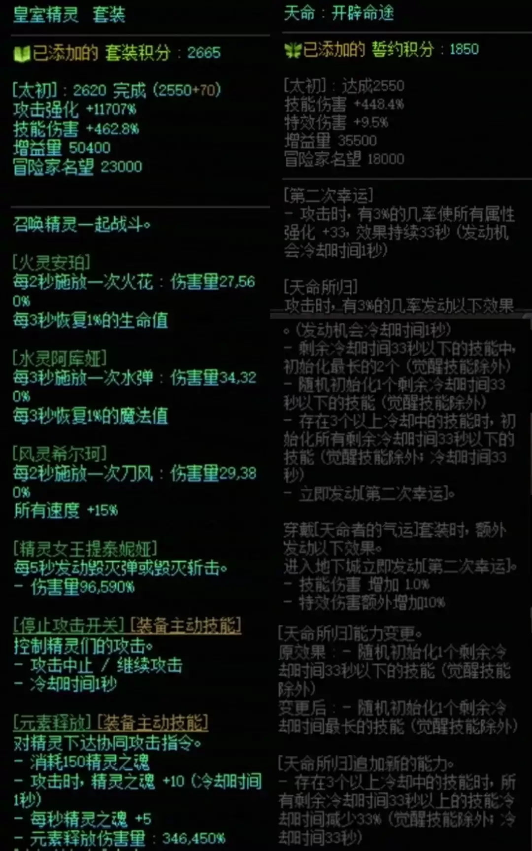 DNF精灵套加天命搭配属性全览