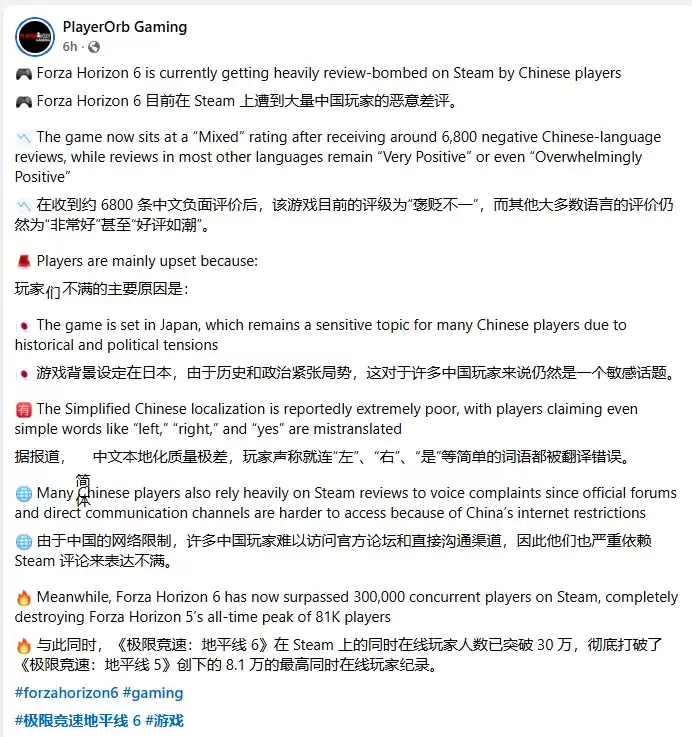 外媒称国内玩家因日本背景恶意差评《极限竞速：地平线6》