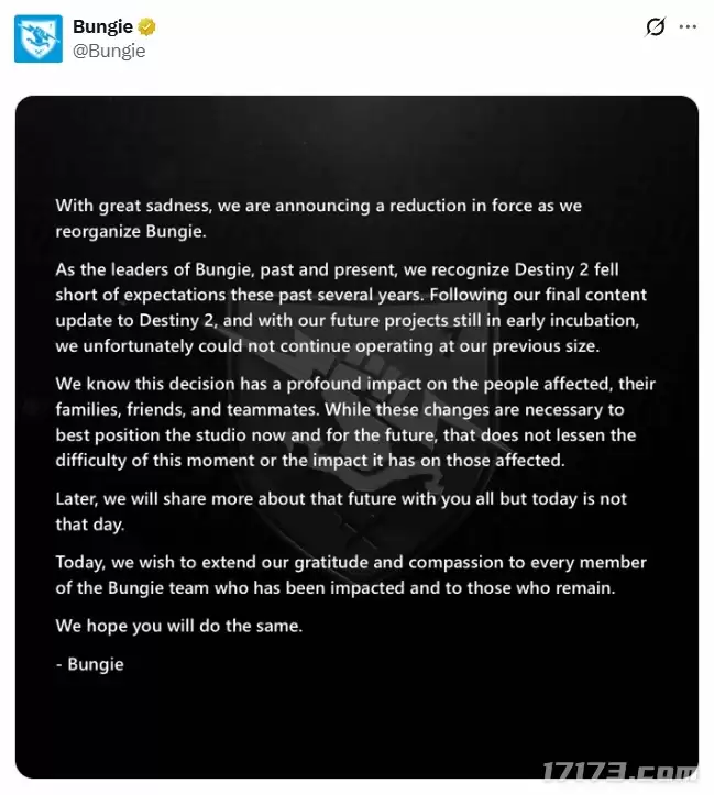 Bungie官宣大规模裁员：承认《命运2》未达预期；索尼确认多数开发团队被裁