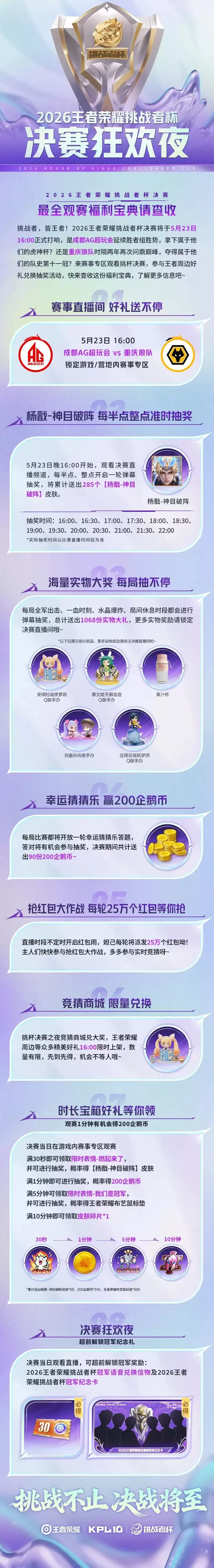 《王者荣耀》2026王者荣耀挑战者杯决赛战队晋级之路：全平台决赛活动：观赛福利：倒计时1天