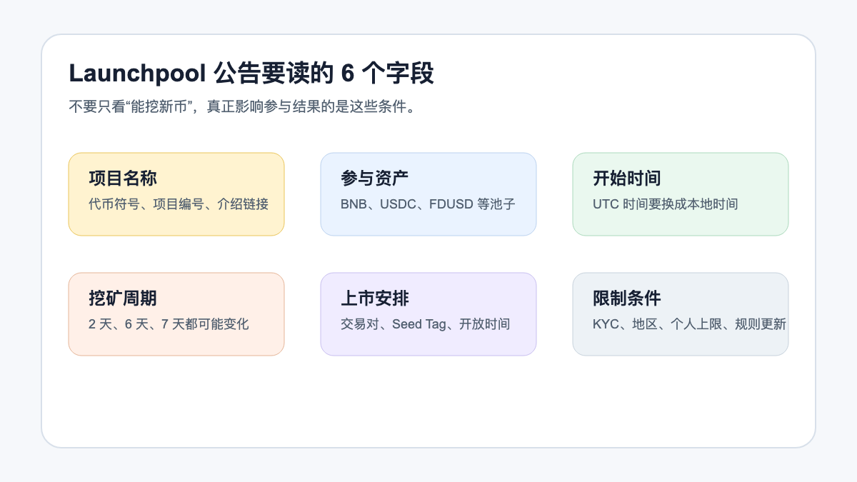 Launchpool 公告字段检查图：项目名称、参与资产、开始时间、挖矿周期、上市安排、限制条件