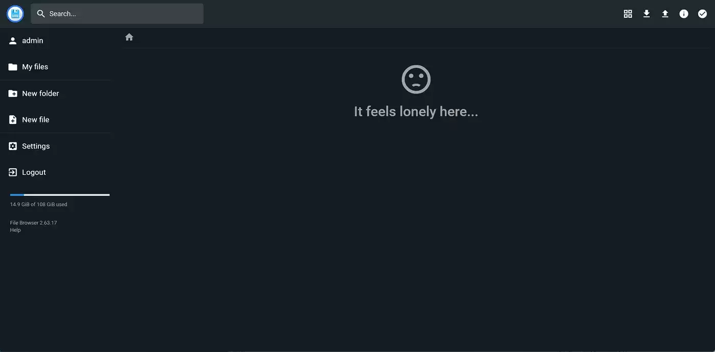 File Browser 登录后主界面：空目录与左侧导航，版本 2.63.17