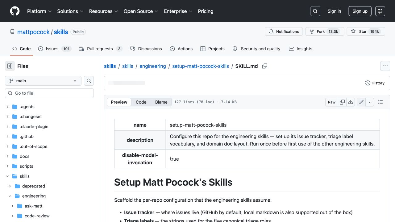 Matt Pocock Skills setup-matt-pocock-skills 的 SKILL.md 文件截图