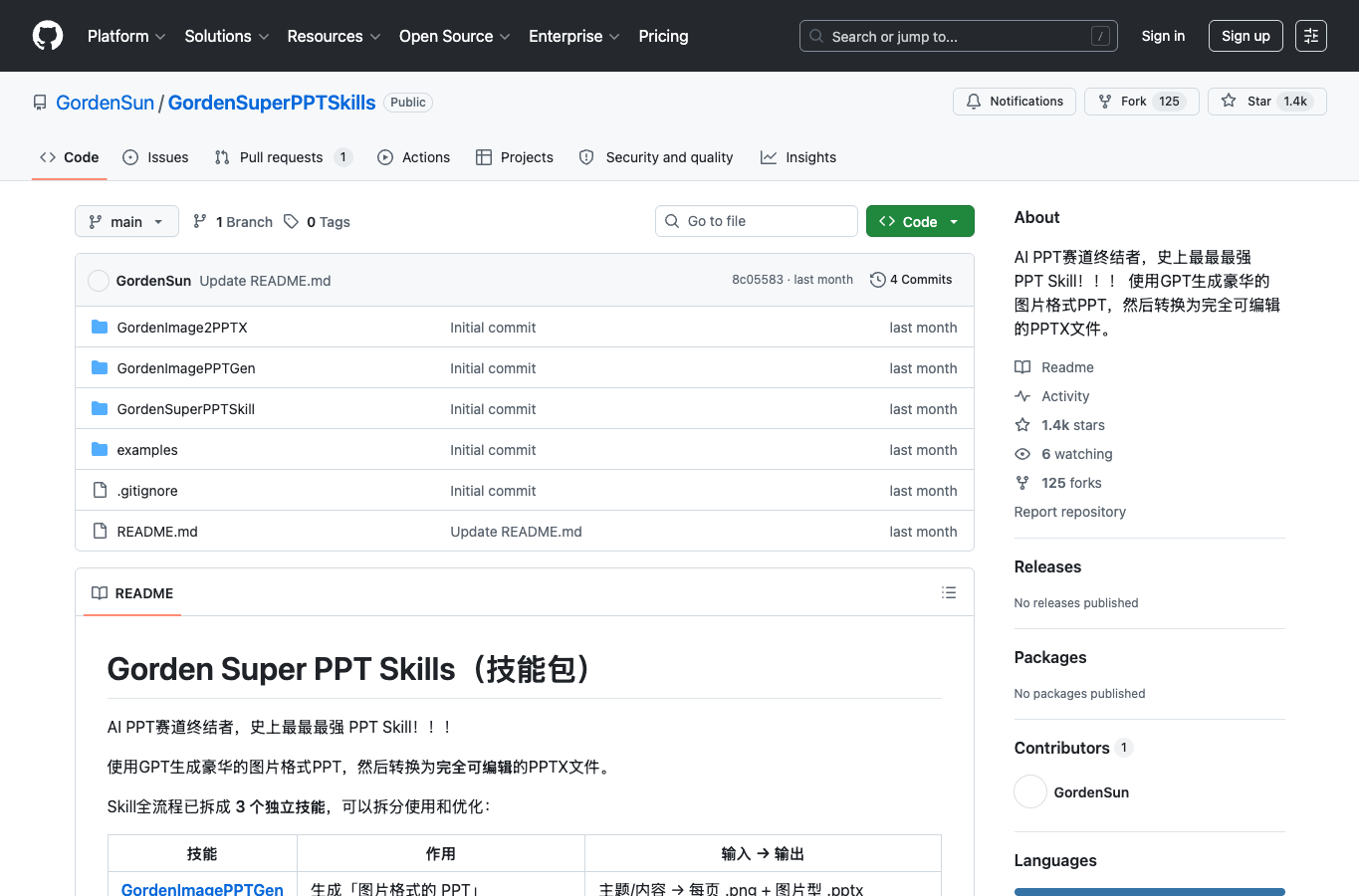 GordenSuperPPTSkills 官方 GitHub 仓库页面截图