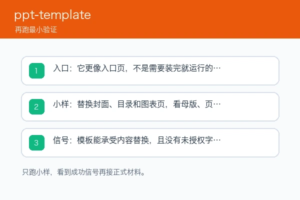 ppt-template 安装入口、首次小样和成功信号检查图