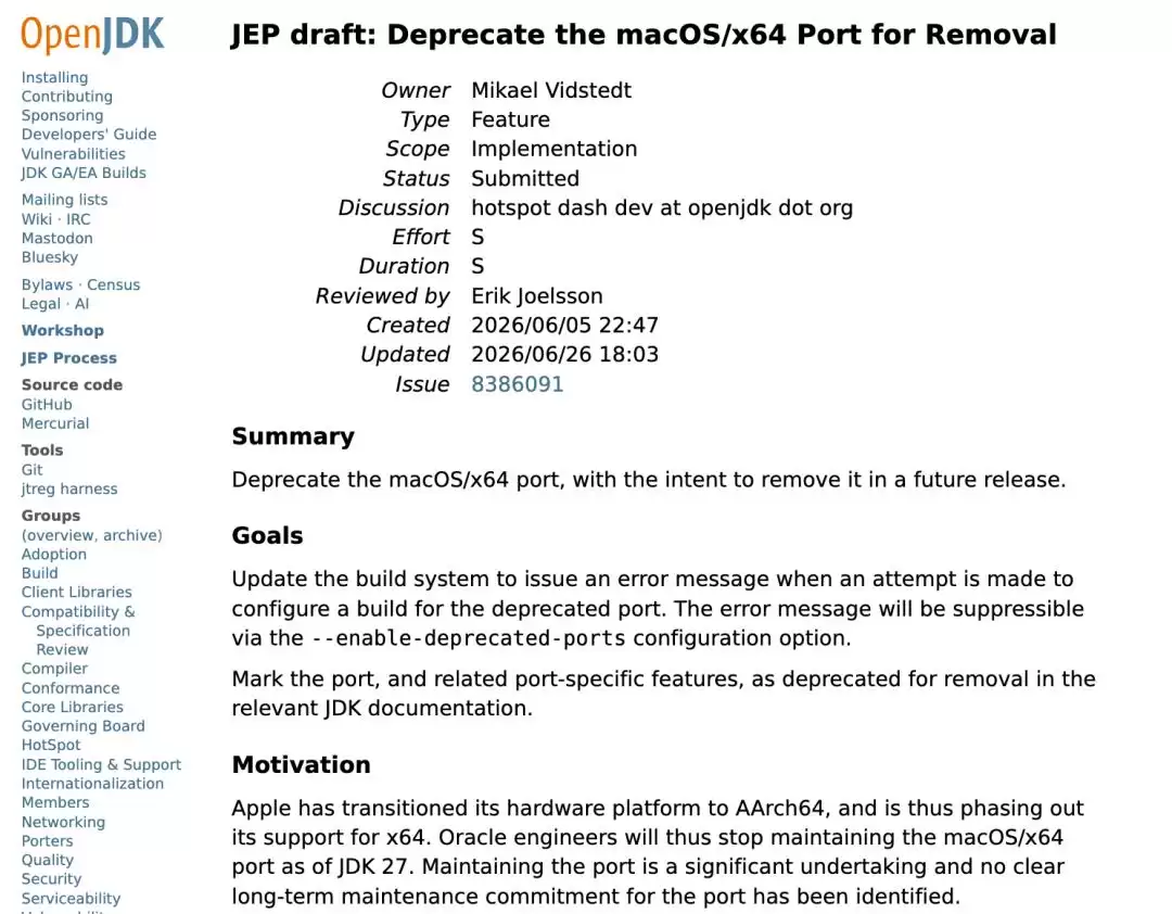 Java即将告别Intel Mac：JDK 27起不再续命