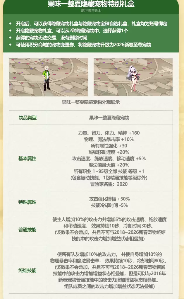 DNF2026夏日套至尊宠物属性总览