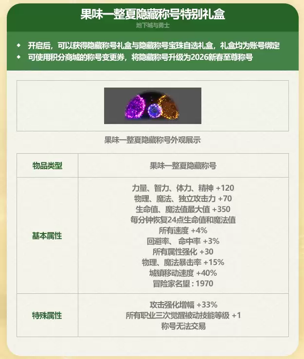 DNF2026夏日套至尊称号属性总览