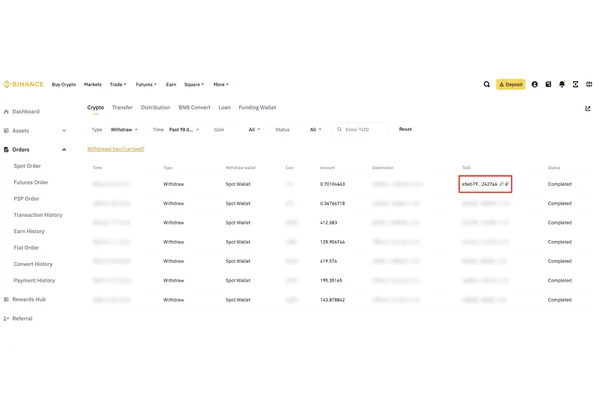 币安提现完成后查看 TxID 截图
