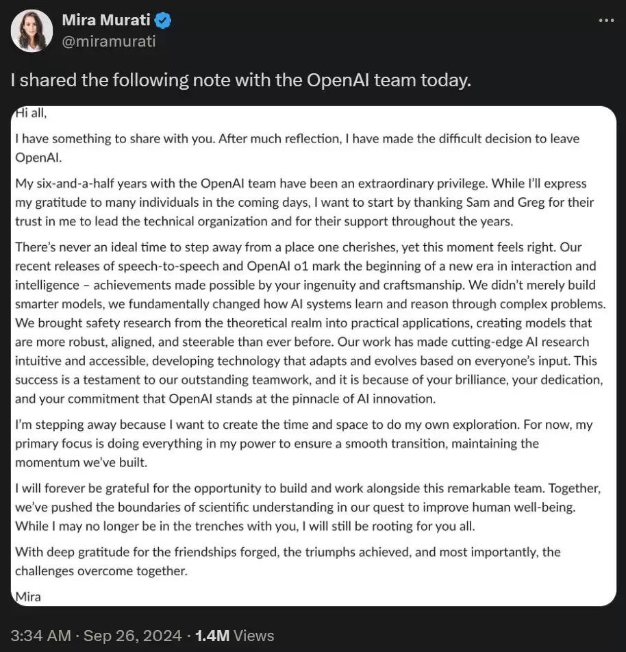 OpenAI CTO Mira Murati离职：高层动荡继续