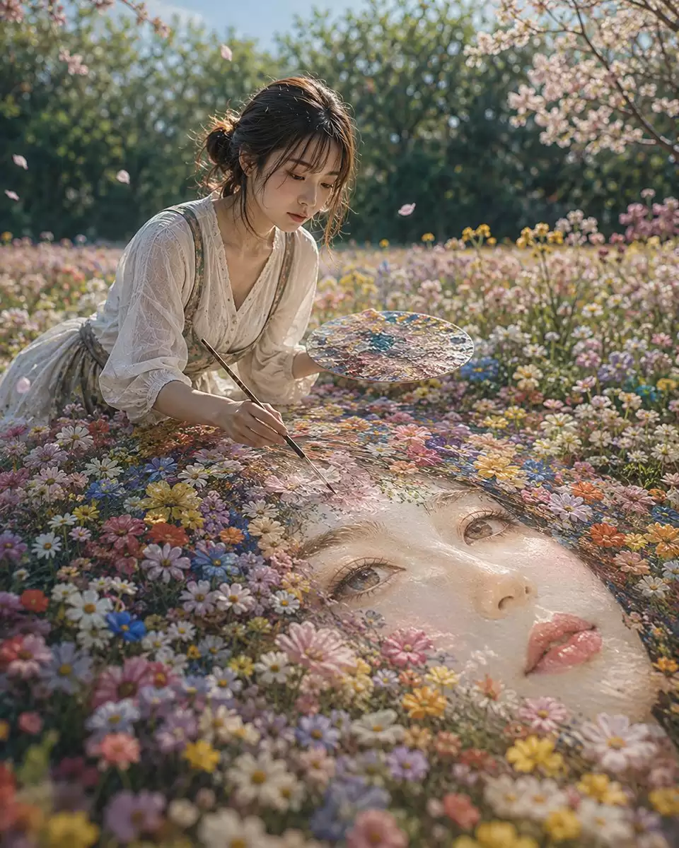 女子描画花卉肖像