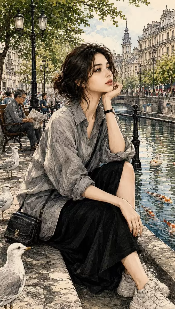 水彩和墨线巴黎插画