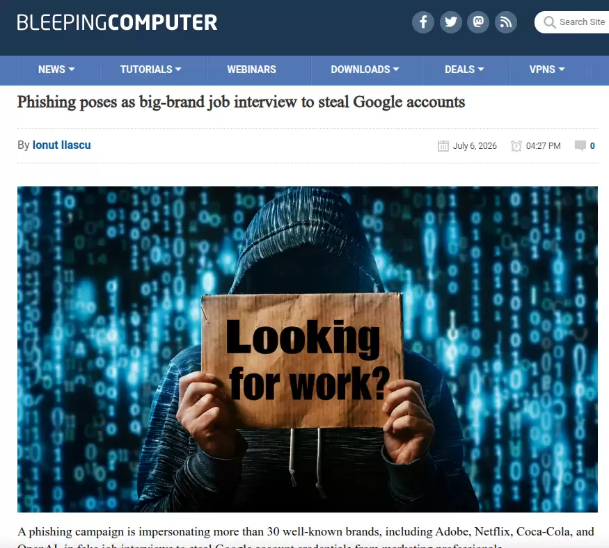 伪装知名企业招聘面试窃取Google账号钓鱼攻击机理及全域防御研究