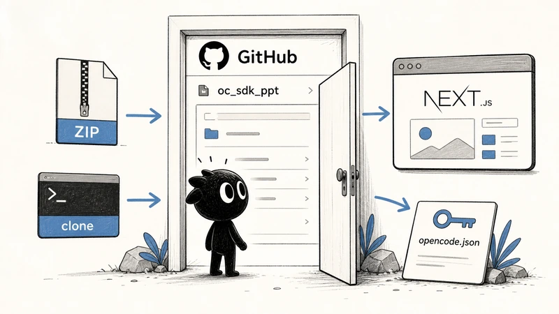 Ian 小黑站在 Honghurumeng oc_sdk_ppt 的 GitHub 入口前,旁边有 ZIP、clone、Next.js 和 opencode.json