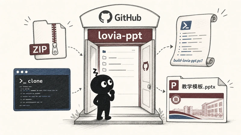 Ian 小黑站在 CamelopardusLovia lovia-ppt 的 GitHub 入口前,旁边有 ZIP、clone、教学模板和 PowerShell 示例